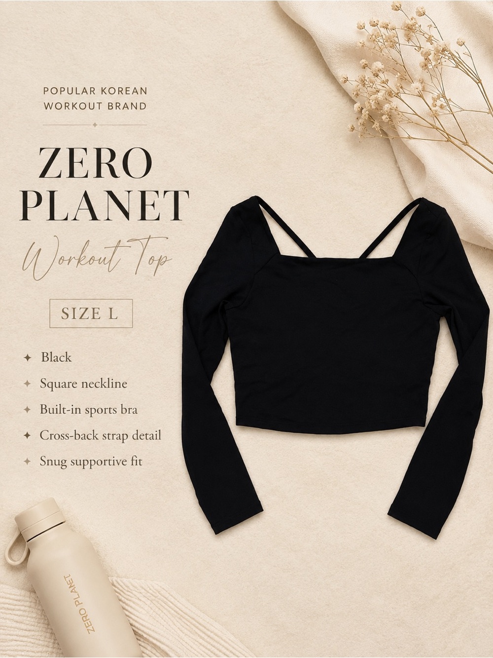 Zero Planet Black Long Sleeve Workout Top Size L | Korean Activewear Square Neck